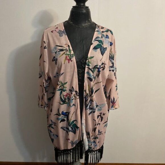 Dorothy Perkins Pink Floral Butterfly and Birds Fringed Kimono Coverup, size XL - Picture 1 of 3